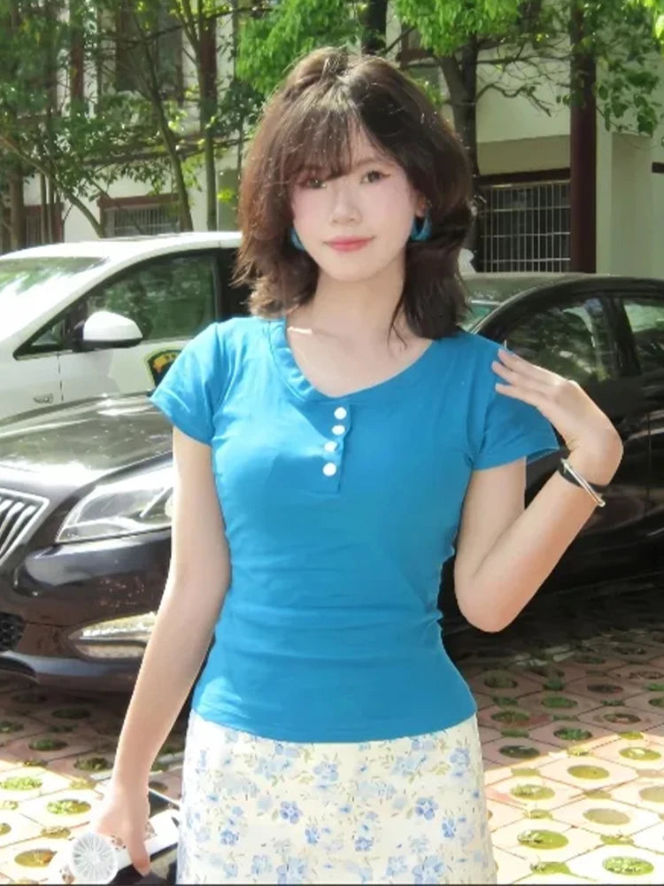 Teal Henley Top Women Short Sleeve Slim Fit V Neck Button Down Y2K Casual Sexy Crop Tee Summer Fashion Basic Shirt New 2026