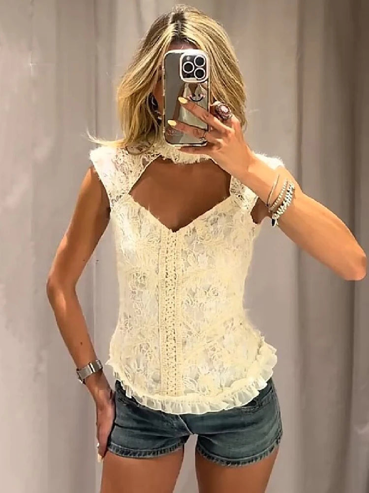 Elegant Cream White High Neck Floral Lace Top Women Sexy Sleeveless Cutout Front Frill Hem Slim Blouse Lady Vacation Party Top
