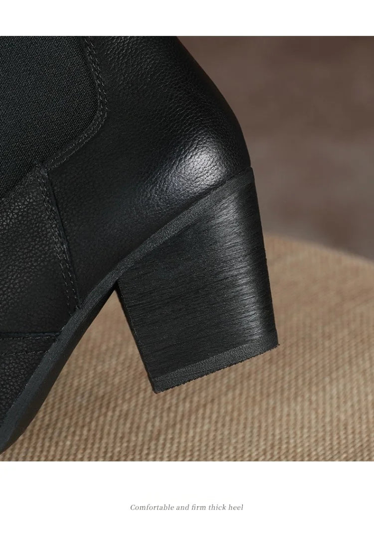 NEW Autumn Women Boots Pointed Toe Chunky Heel Shoes Genuine Leather Shoes for Women Casual Slip-on Western Boots Short Boots
