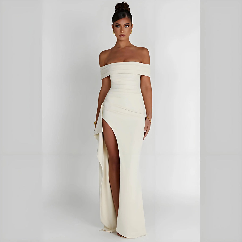Elegant Evening Dress, Solid Color, Off-Shoulder, Women's Sexy High-Waisted Side-Slit Long Dress, Formal Maxi Ladies' Party Evening Dress