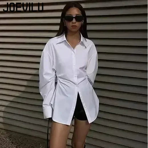 Women's White Slim Fit Long Sleeve Shirt Chic Waist-Cinching Blouse Korean Style Trendy Elegant Tops Spring Autumn New Arrivals