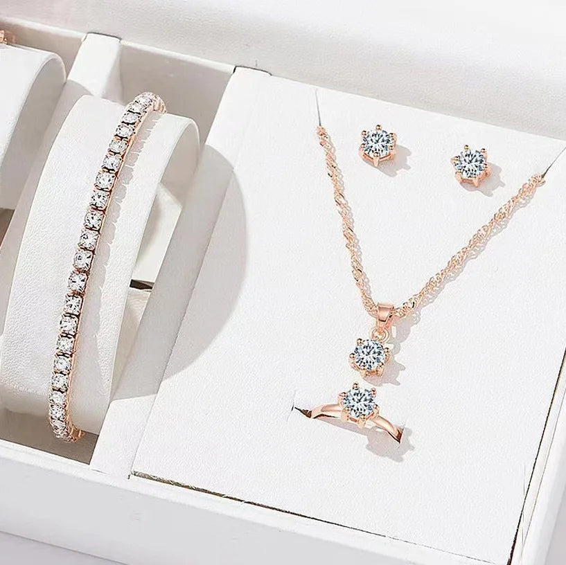 5Pcs Elegant Crystal Jewelry Set Zirconia Ring Necklace Bracelet Earrings Simple Set Jewelry Fashion Versatile Trendy Jewelry