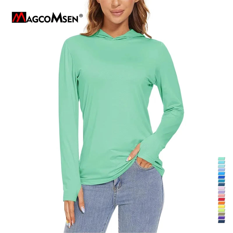 MAGCOMSEN Women's Trekking T-Shirt UPF 50+ UV Protection Sportswear Quick Drying Long Sleeve Summer Hoodie Shirt with Thumb Hole