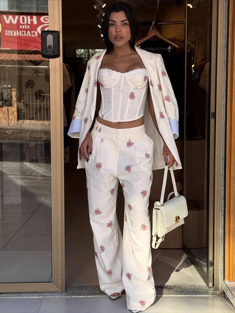Women Soft Floral Print Matching Set Loose Blazer Bustier Sleeveless Top High Waist Wide Leg Trouser New Casual Holiday Costume