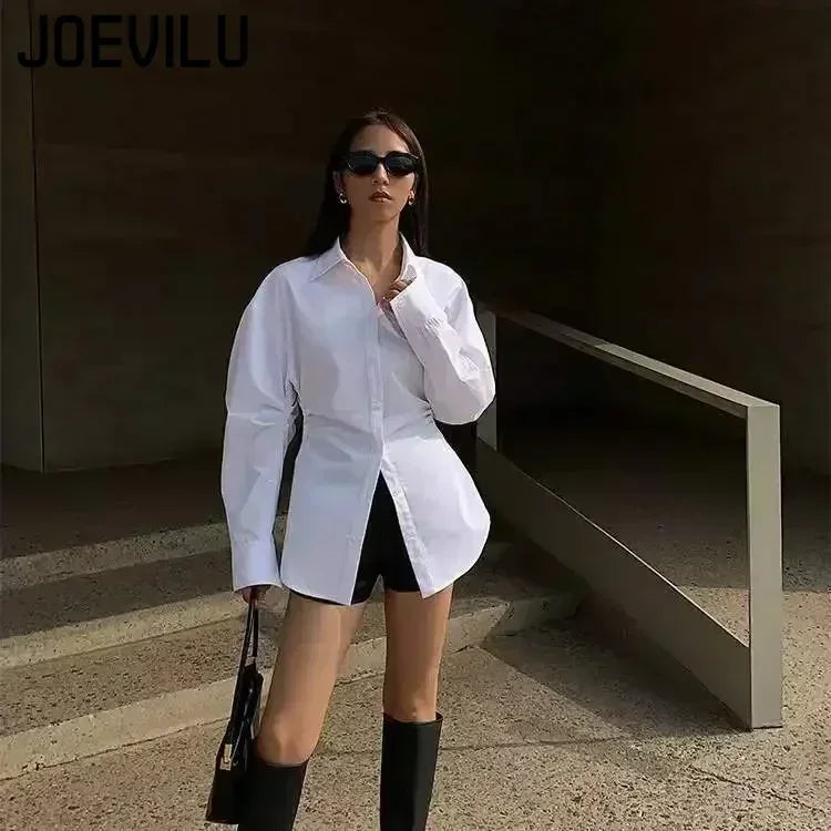 Women's White Slim Fit Long Sleeve Shirt Chic Waist-Cinching Blouse Korean Style Trendy Elegant Tops Spring Autumn New Arrivals