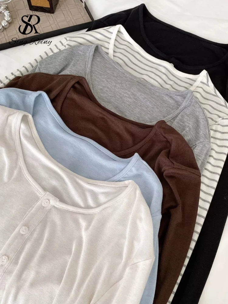 SINGREINY Lyocell Wool Basic Shirt Women Autumn O Neck Button Loose Cozy Acetate Solid Top Basics Casual Striped Long Sleeve Top