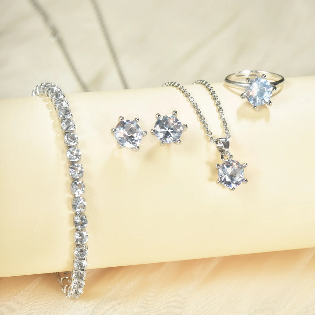 5Pcs Elegant Crystal Jewelry Set Zirconia Ring Necklace Bracelet Earrings Simple Set Jewelry Fashion Versatile Trendy Jewelry