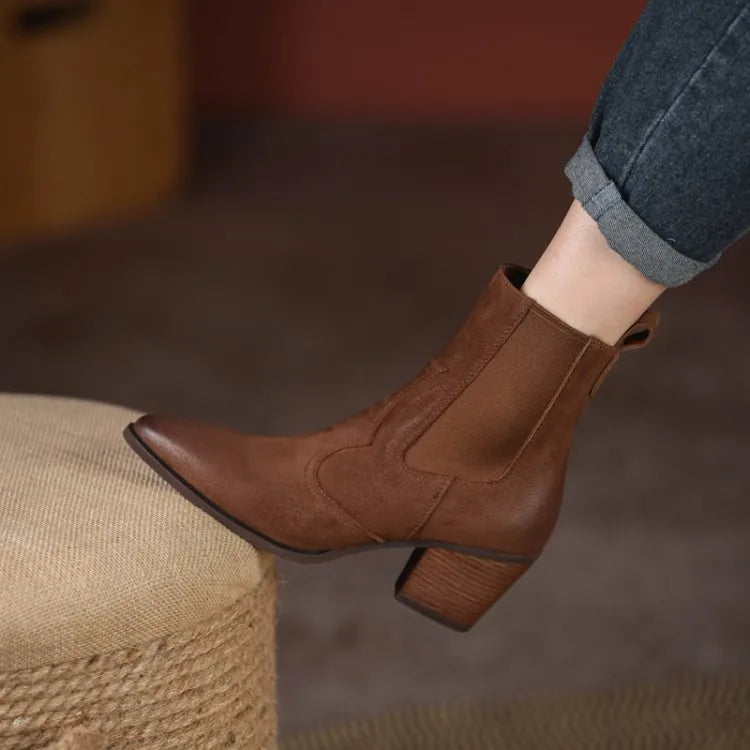 NEW Autumn Women Boots Pointed Toe Chunky Heel Shoes Genuine Leather Shoes for Women Casual Slip-on Western Boots Short Boots