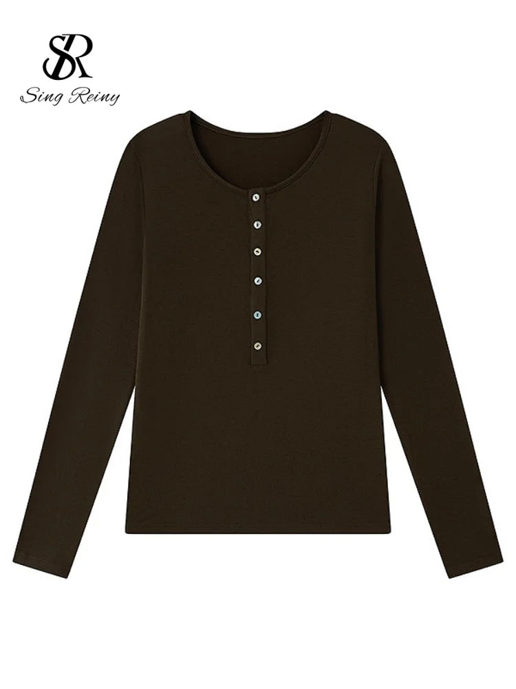 SINGREINY Lyocell Wool Basic Shirt Women Autumn O Neck Button Loose Cozy Acetate Solid Top Basics Casual Striped Long Sleeve Top