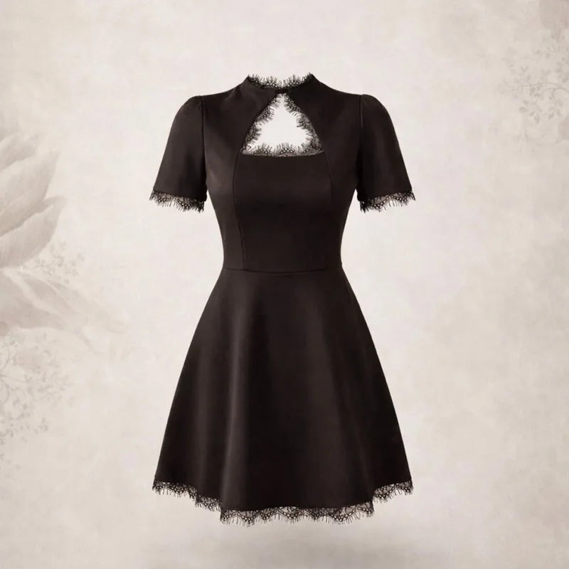 Tossy Black Lace Hollow Out Mini Dress Female Patchwork Short Sleeve Sexy High Waist Party Dress Women's Casual Printed Dress