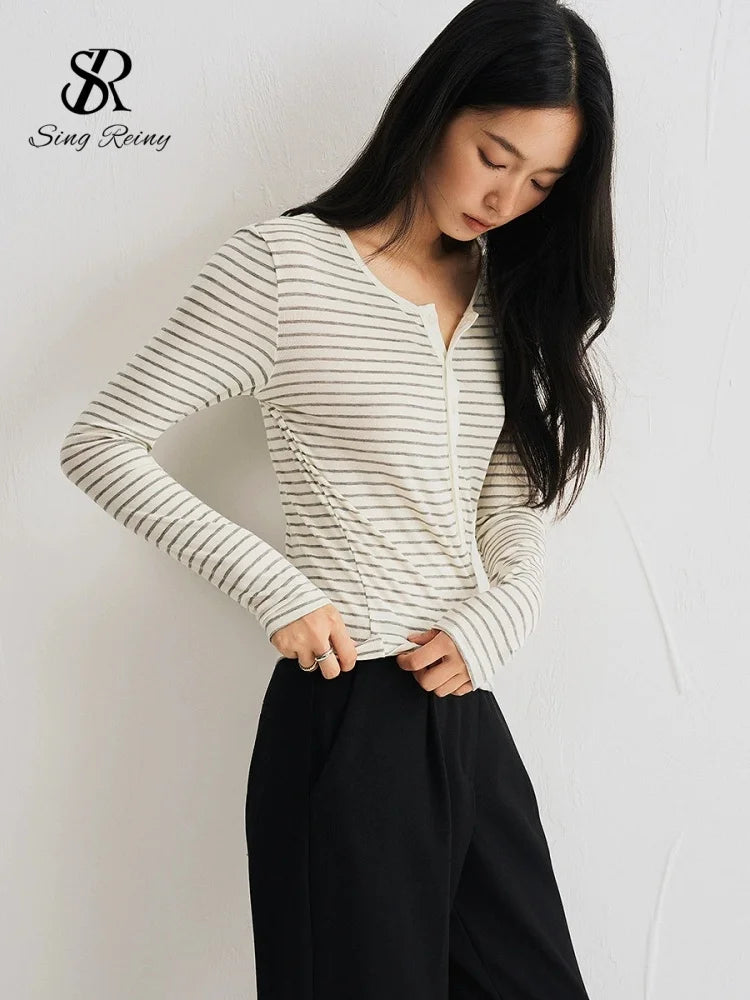 SINGREINY Lyocell Wool Basic Shirt Women Autumn O Neck Button Loose Cozy Acetate Solid Top Basics Casual Striped Long Sleeve Top