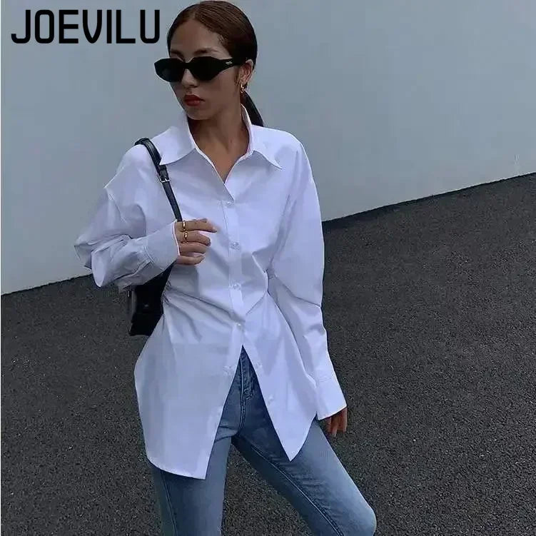 Women's White Slim Fit Long Sleeve Shirt Chic Waist-Cinching Blouse Korean Style Trendy Elegant Tops Spring Autumn New Arrivals