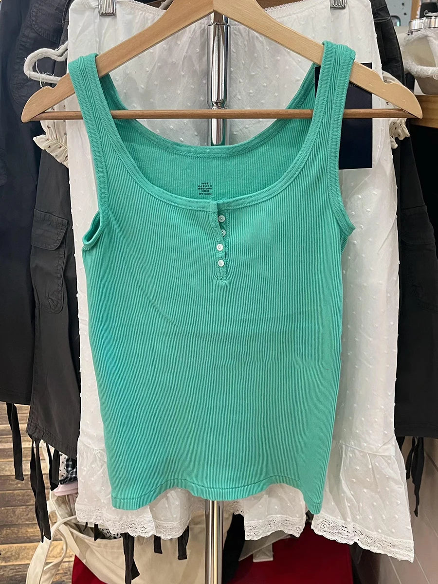 Ribbed Button Tank Tops Women Summer Casual Streetwear Slim Cotton Sleeveless Vests Female Vintage Simple Basic Vest Y2K