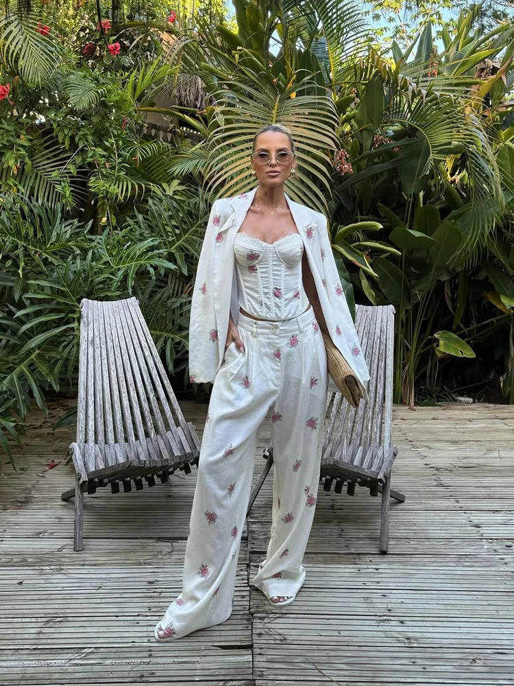Women Soft Floral Print Matching Set Loose Blazer Bustier Sleeveless Top High Waist Wide Leg Trouser New Casual Holiday Costume