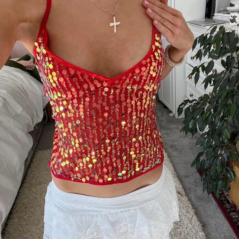 Maemukilabe Sexy Party Rave Coquette Backless Tie Up Tank Tops Cutest Sequin Cami Top Women Glitter Sparkle Halter Crop Tops