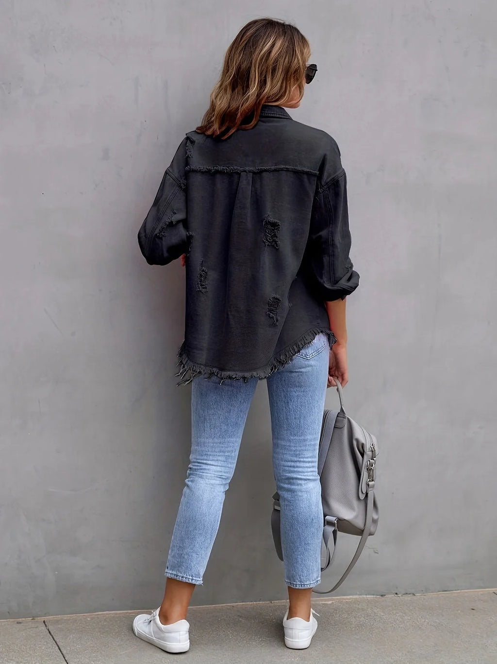 New Solid Colour Mid-length Hole Long-Sleeved Denim Jacket Denim Jacket Women