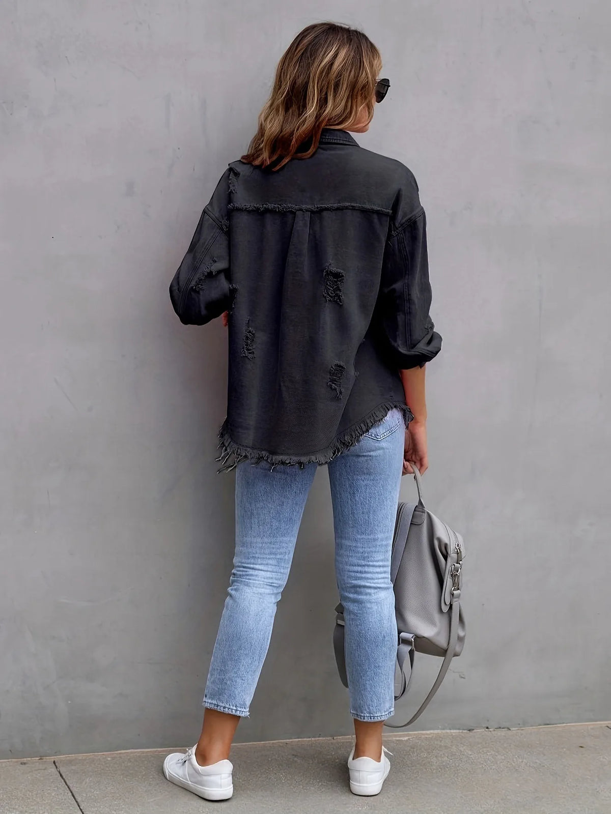New Solid Colour Mid-length Hole Long-Sleeved Denim Jacket Denim Jacket Women