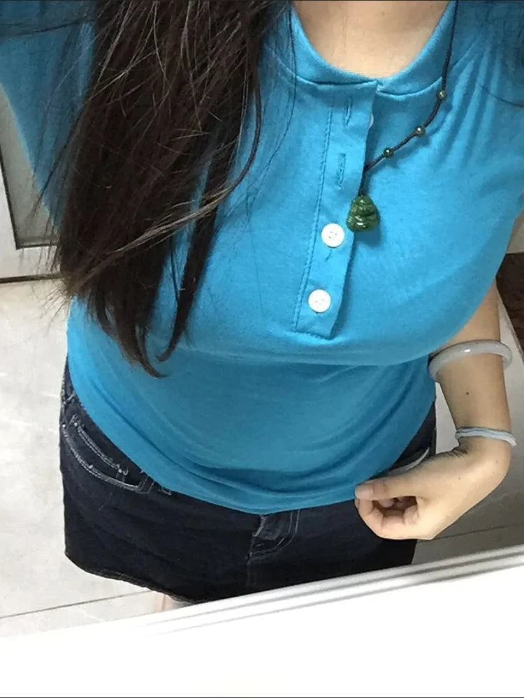 Teal Henley Top Women Short Sleeve Slim Fit V Neck Button Down Y2K Casual Sexy Crop Tee Summer Fashion Basic Shirt New 2026