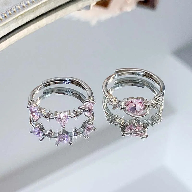 Vintage Y2K Accessories Aesthetic Pink Planet Heart Zircon Rings for Women Cool Hip Hop Kpop Cross Star Rings  Jewelry