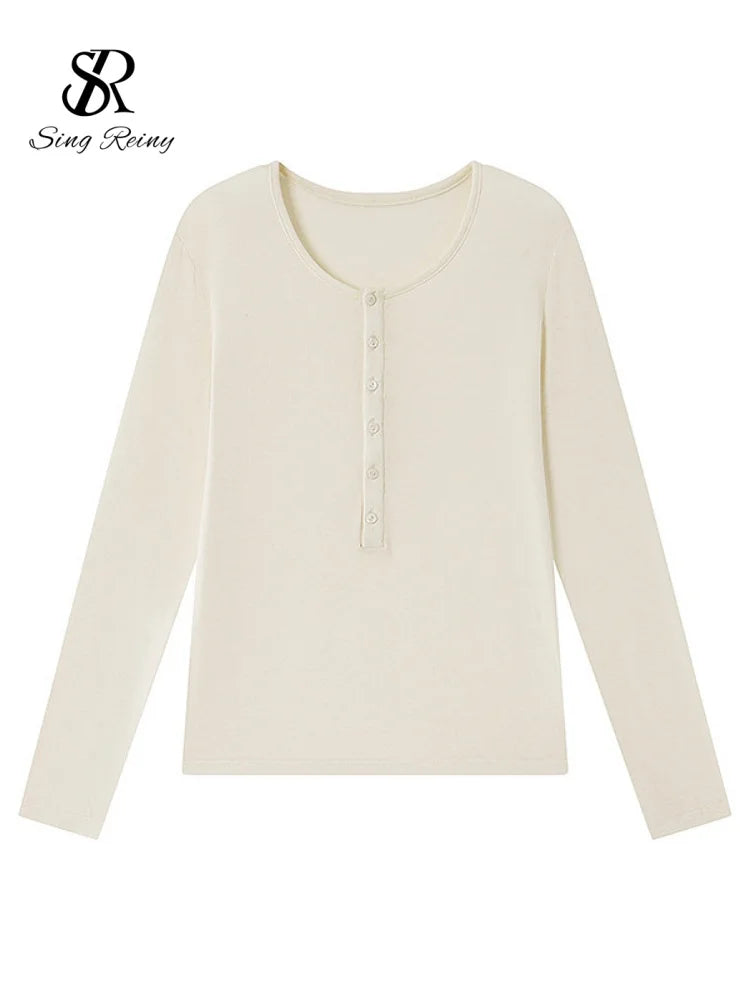 SINGREINY Lyocell Wool Basic Shirt Women Autumn O Neck Button Loose Cozy Acetate Solid Top Basics Casual Striped Long Sleeve Top