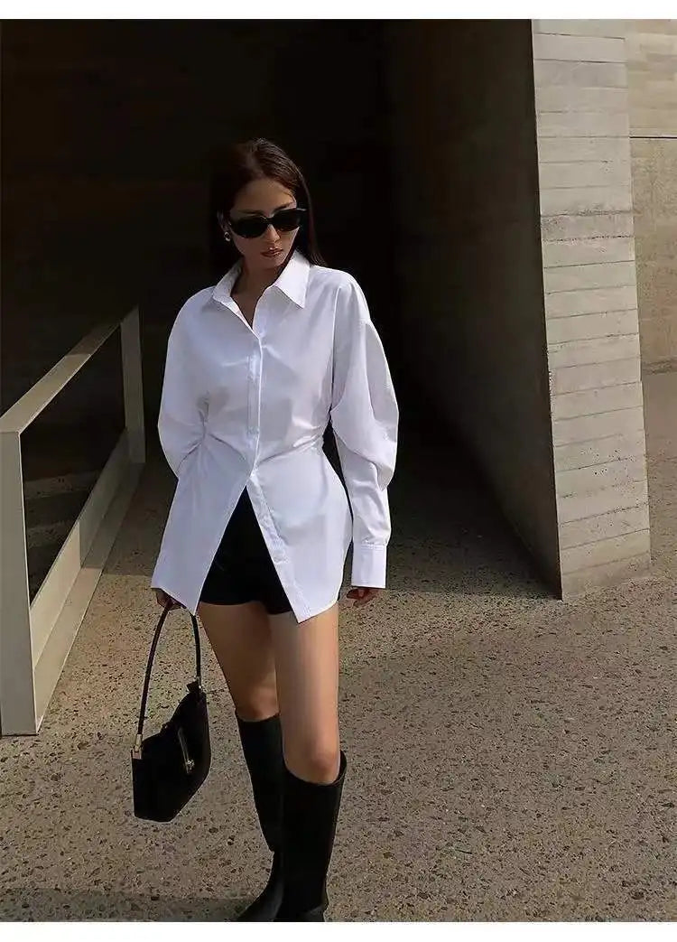 Women's White Slim Fit Long Sleeve Shirt Chic Waist-Cinching Blouse Korean Style Trendy Elegant Tops Spring Autumn New Arrivals