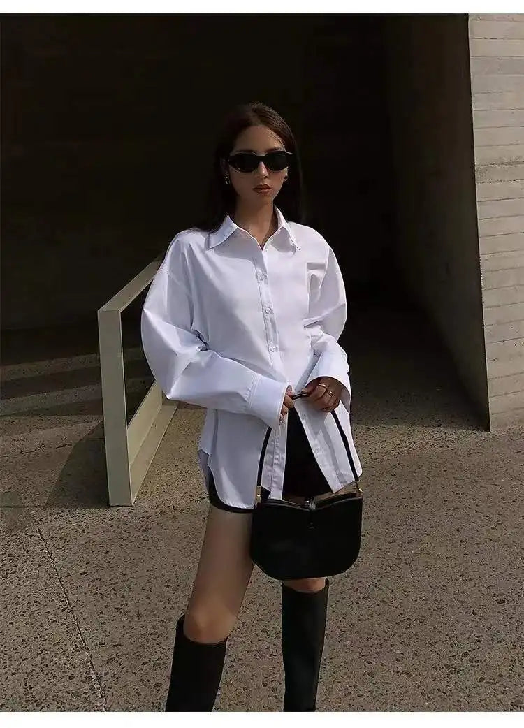 Women's White Slim Fit Long Sleeve Shirt Chic Waist-Cinching Blouse Korean Style Trendy Elegant Tops Spring Autumn New Arrivals
