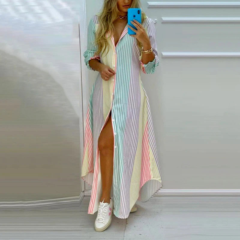 Women's pastel multi-color striped long sleeve shirt dress with front buttons, side slit, and ankle-length retro casual fit.