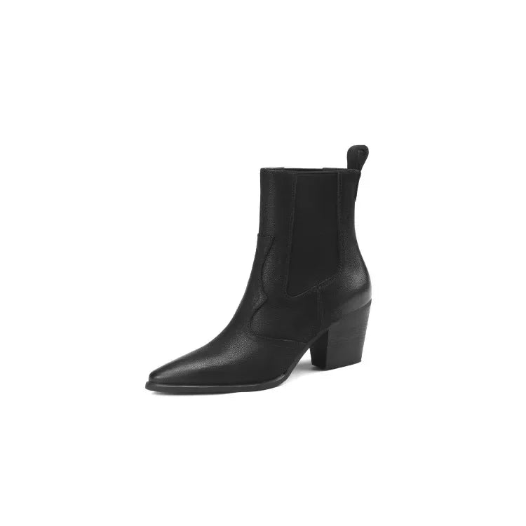 NEW Autumn Women Boots Pointed Toe Chunky Heel Shoes Genuine Leather Shoes for Women Casual Slip-on Western Boots Short Boots