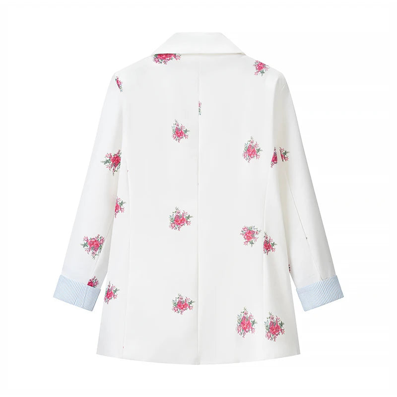 Women Soft Floral Print Matching Set Loose Blazer Bustier Sleeveless Top High Waist Wide Leg Trouser New Casual Holiday Costume