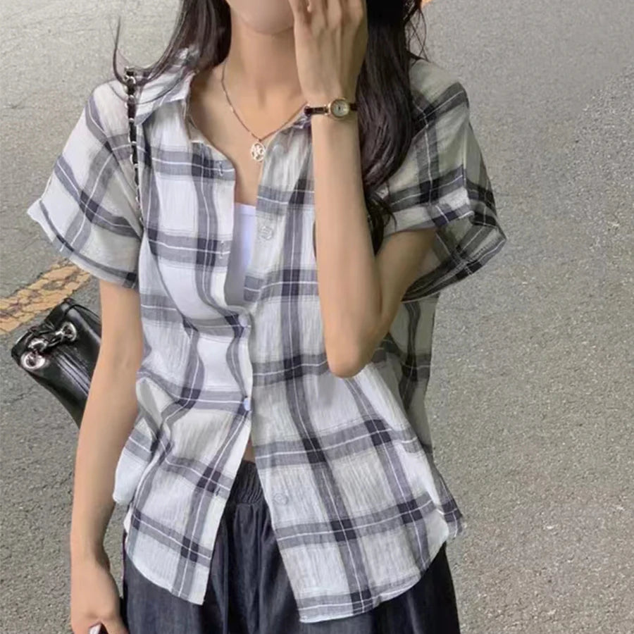 Retro Plaid Shirt Jacket Women Thin Design Summer 2026 New Single Button Turn Collar Short Sleeve Top Loose Fit Summer Shirt