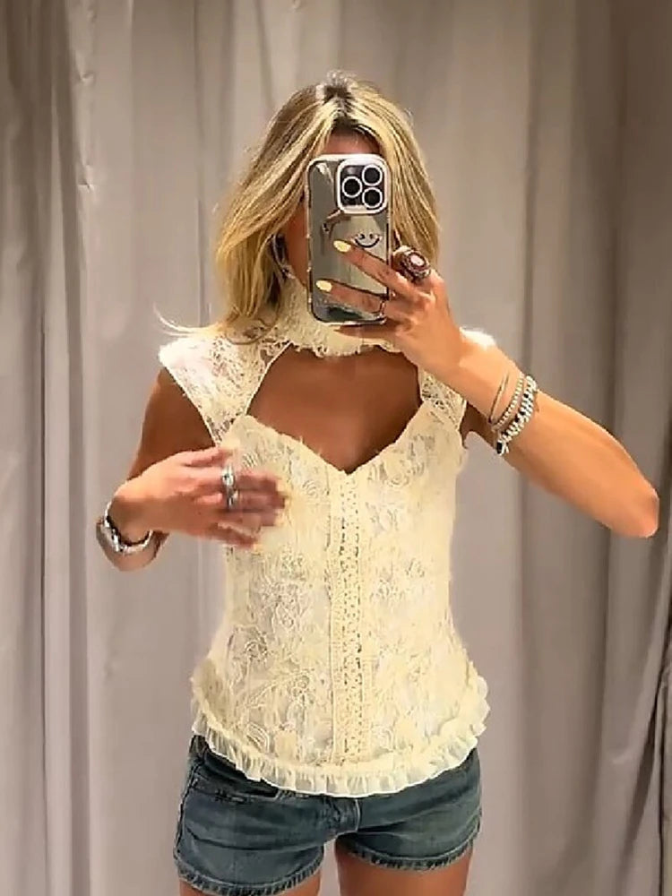 Elegant Cream White High Neck Floral Lace Top Women Sexy Sleeveless Cutout Front Frill Hem Slim Blouse Lady Vacation Party Top