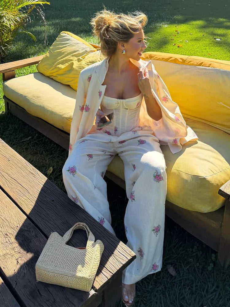 Women Soft Floral Print Matching Set Loose Blazer Bustier Sleeveless Top High Waist Wide Leg Trouser New Casual Holiday Costume