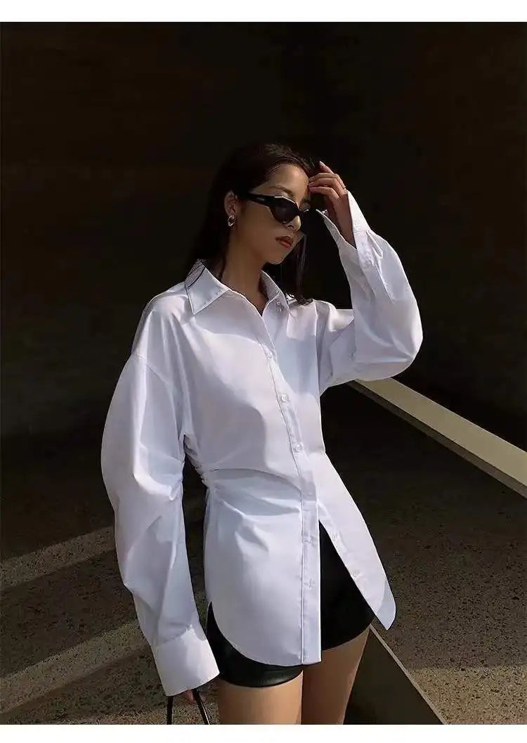 Women's White Slim Fit Long Sleeve Shirt Chic Waist-Cinching Blouse Korean Style Trendy Elegant Tops Spring Autumn New Arrivals