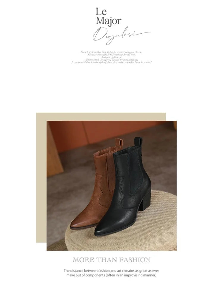 NEW Autumn Women Boots Pointed Toe Chunky Heel Shoes Genuine Leather Shoes for Women Casual Slip-on Western Boots Short Boots