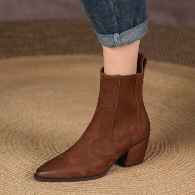 NEW Autumn Women Boots Pointed Toe Chunky Heel Shoes Genuine Leather Shoes for Women Casual Slip-on Western Boots Short Boots