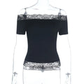 Sexy Slash Neck Off Shoulder Lace Tops Y2k Simple Fashion Women's Tee Shirts Short Sleeve Casual T-Shirts Trendy Tshirts
