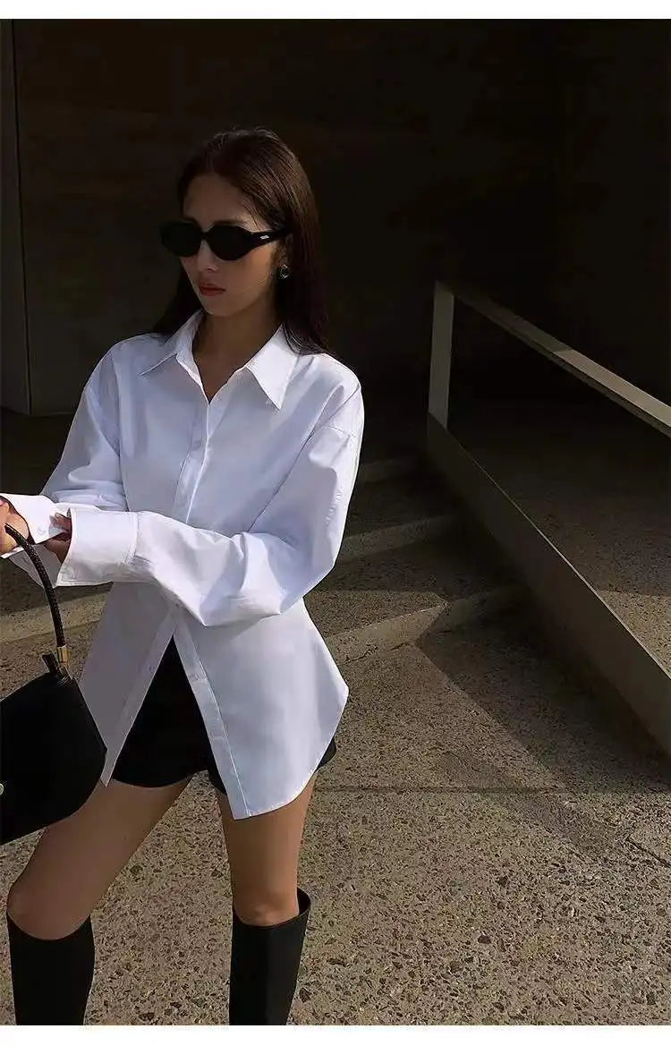 Women's White Slim Fit Long Sleeve Shirt Chic Waist-Cinching Blouse Korean Style Trendy Elegant Tops Spring Autumn New Arrivals