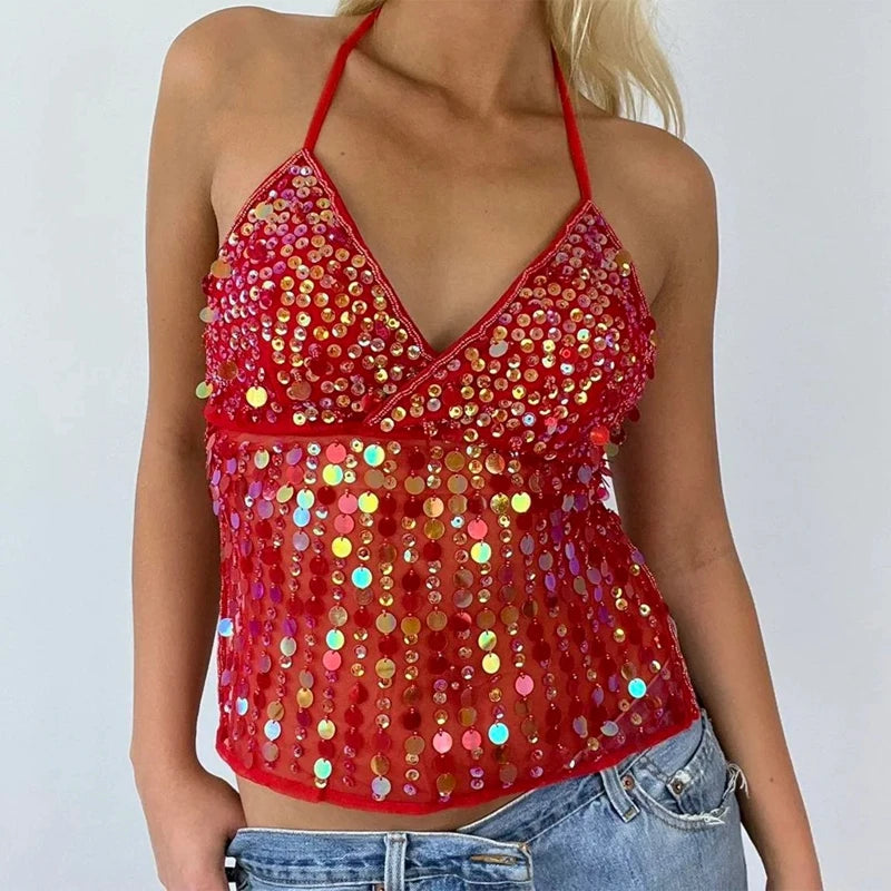 Maemukilabe Sexy Party Rave Coquette Backless Tie Up Tank Tops Cutest Sequin Cami Top Women Glitter Sparkle Halter Crop Tops