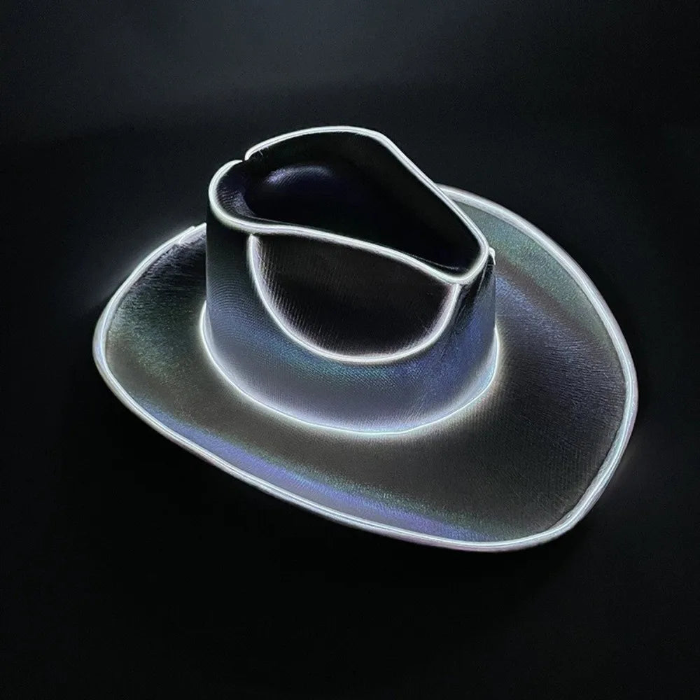 with LED Lights Cowboy Cowgirl Hat Luminous Light Up Cap Western Cowboy Hat for Dancing Party Dress Up Pearlescent Cowgirl Hat