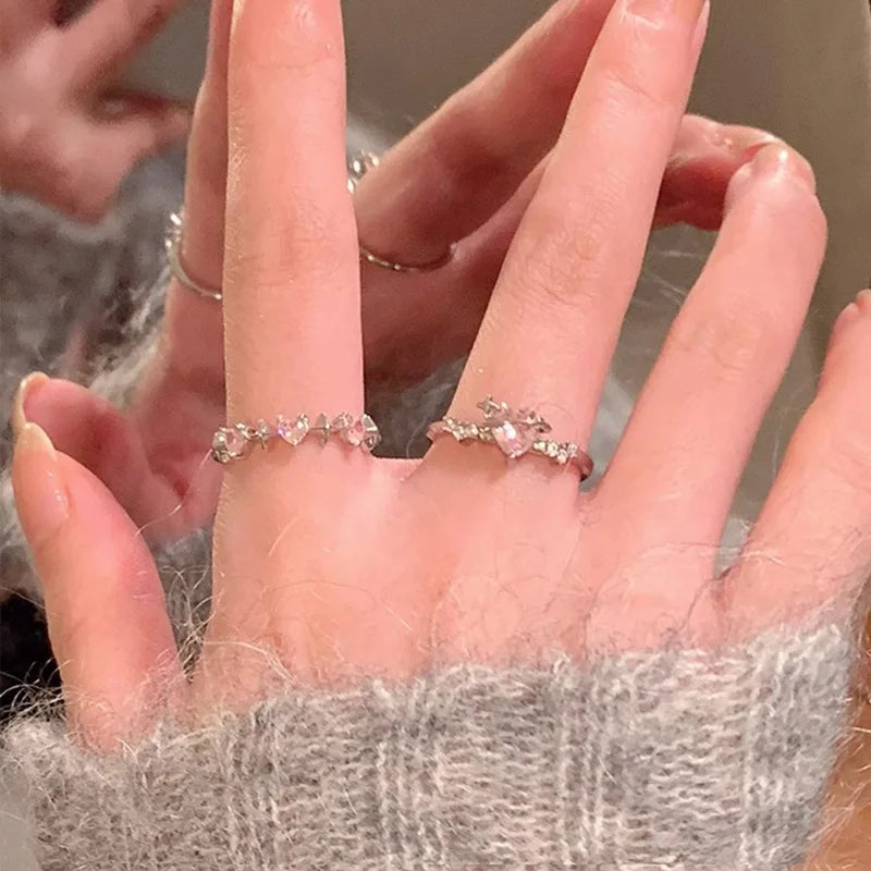 Vintage Y2K Accessories Aesthetic Pink Planet Heart Zircon Rings for Women Cool Hip Hop Kpop Cross Star Rings  Jewelry