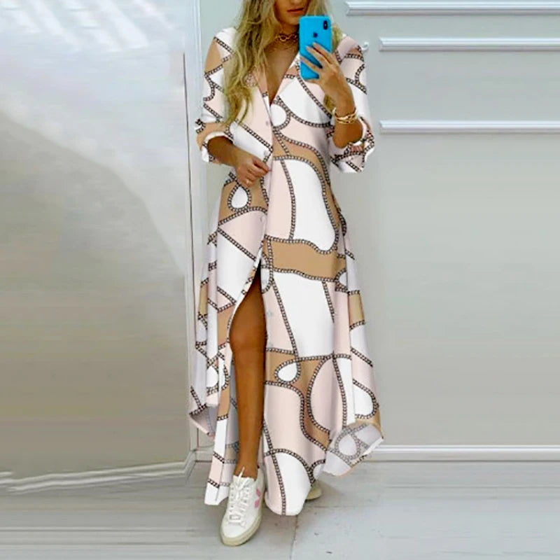 Women's retro print long sleeve polo neck shirt dress. Ankle-length casual dress with geometric pattern, front slit, and single-breasted closure.