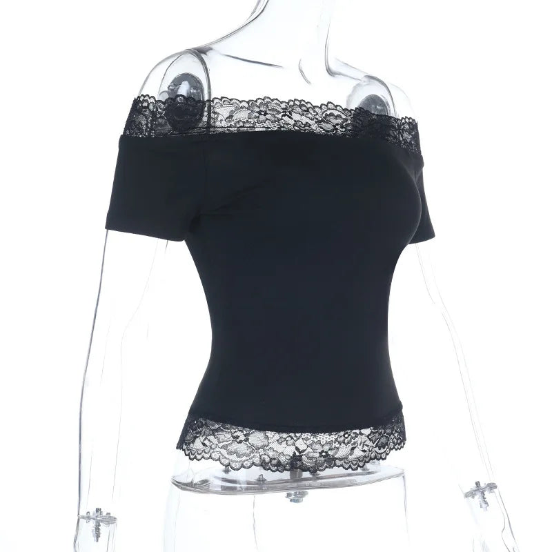 Sexy Slash Neck Off Shoulder Lace Tops Y2k Simple Fashion Women's Tee Shirts Short Sleeve Casual T-Shirts Trendy Tshirts