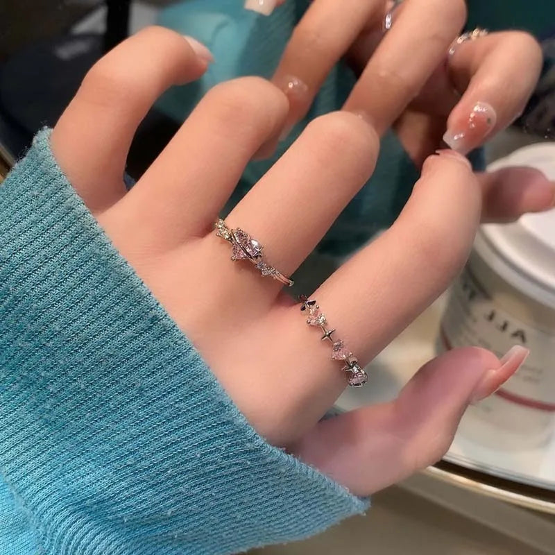 Vintage Y2K Accessories Aesthetic Pink Planet Heart Zircon Rings for Women Cool Hip Hop Kpop Cross Star Rings  Jewelry