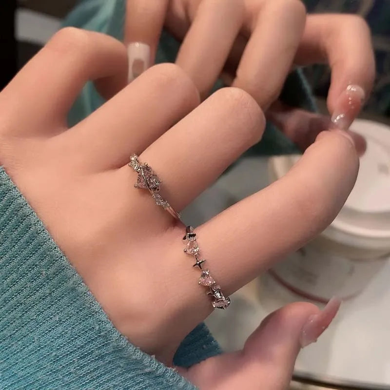 Vintage Y2K Accessories Aesthetic Pink Planet Heart Zircon Rings for Women Cool Hip Hop Kpop Cross Star Rings  Jewelry