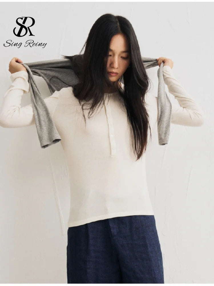 SINGREINY Lyocell Wool Basic Shirt Women Autumn O Neck Button Loose Cozy Acetate Solid Top Basics Casual Striped Long Sleeve Top