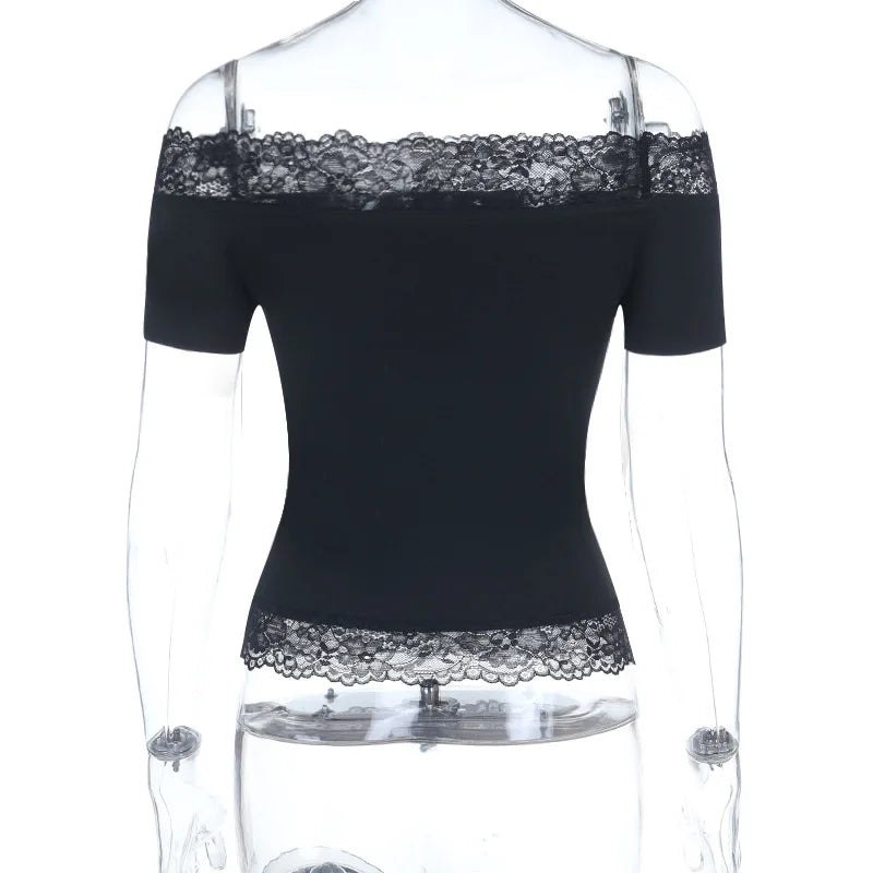 Sexy Slash Neck Off Shoulder Lace Tops Y2k Simple Fashion Women's Tee Shirts Short Sleeve Casual T-Shirts Trendy Tshirts