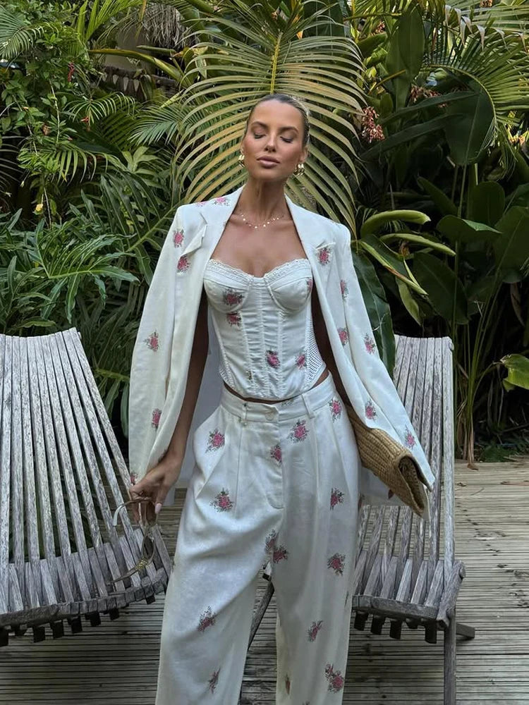 Women Soft Floral Print Matching Set Loose Blazer Bustier Sleeveless Top High Waist Wide Leg Trouser New Casual Holiday Costume