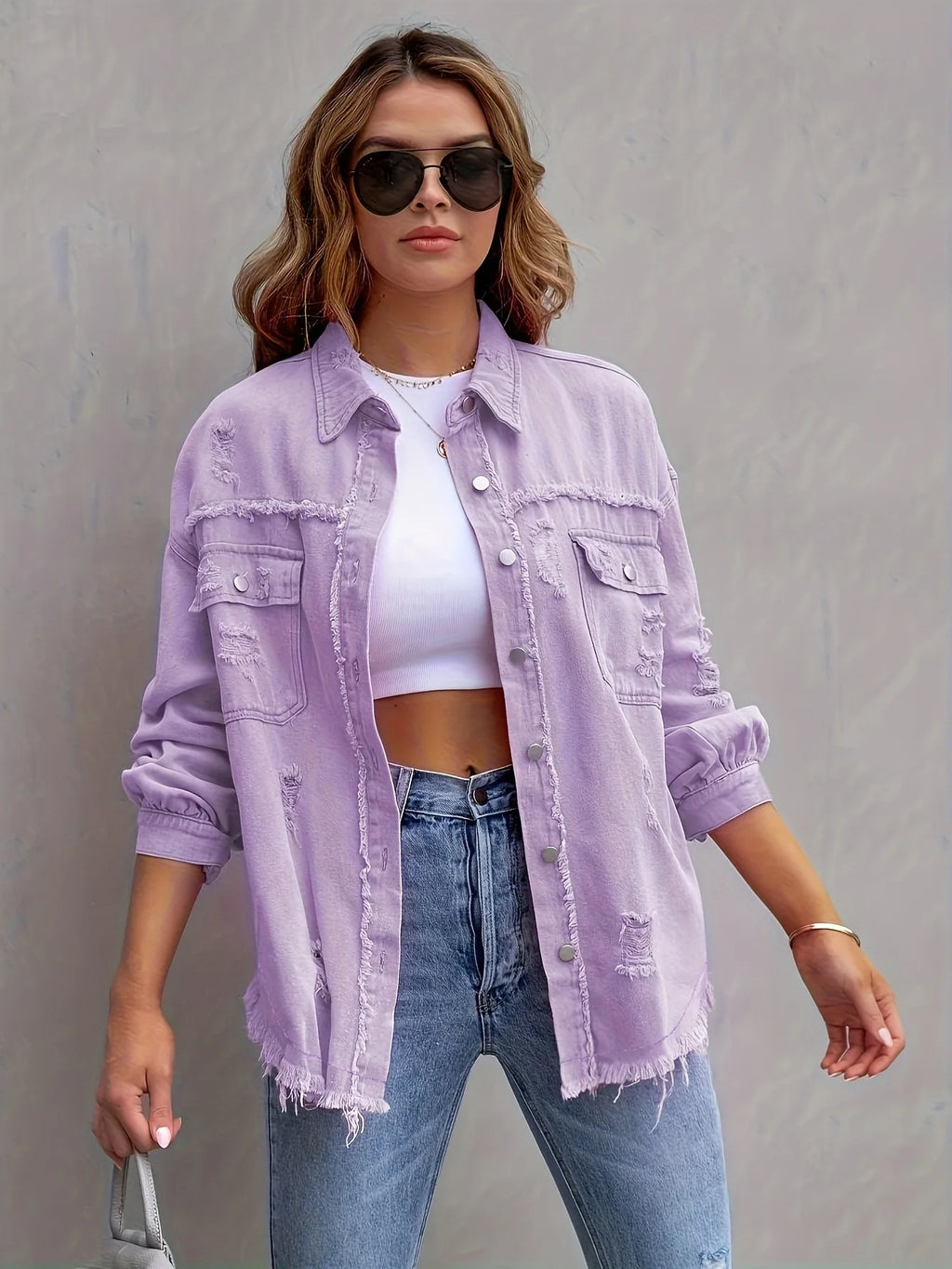 New Solid Colour Mid-length Hole Long-Sleeved Denim Jacket Denim Jacket Women