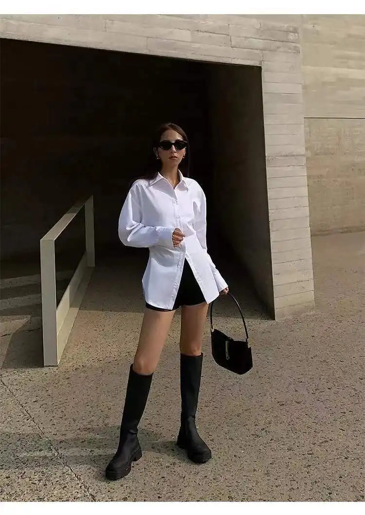 Women's White Slim Fit Long Sleeve Shirt Chic Waist-Cinching Blouse Korean Style Trendy Elegant Tops Spring Autumn New Arrivals