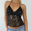 Maemukilabe Sexy Party Rave Coquette Backless Tie Up Tank Tops Cutest Sequin Cami Top Women Glitter Sparkle Halter Crop Tops
